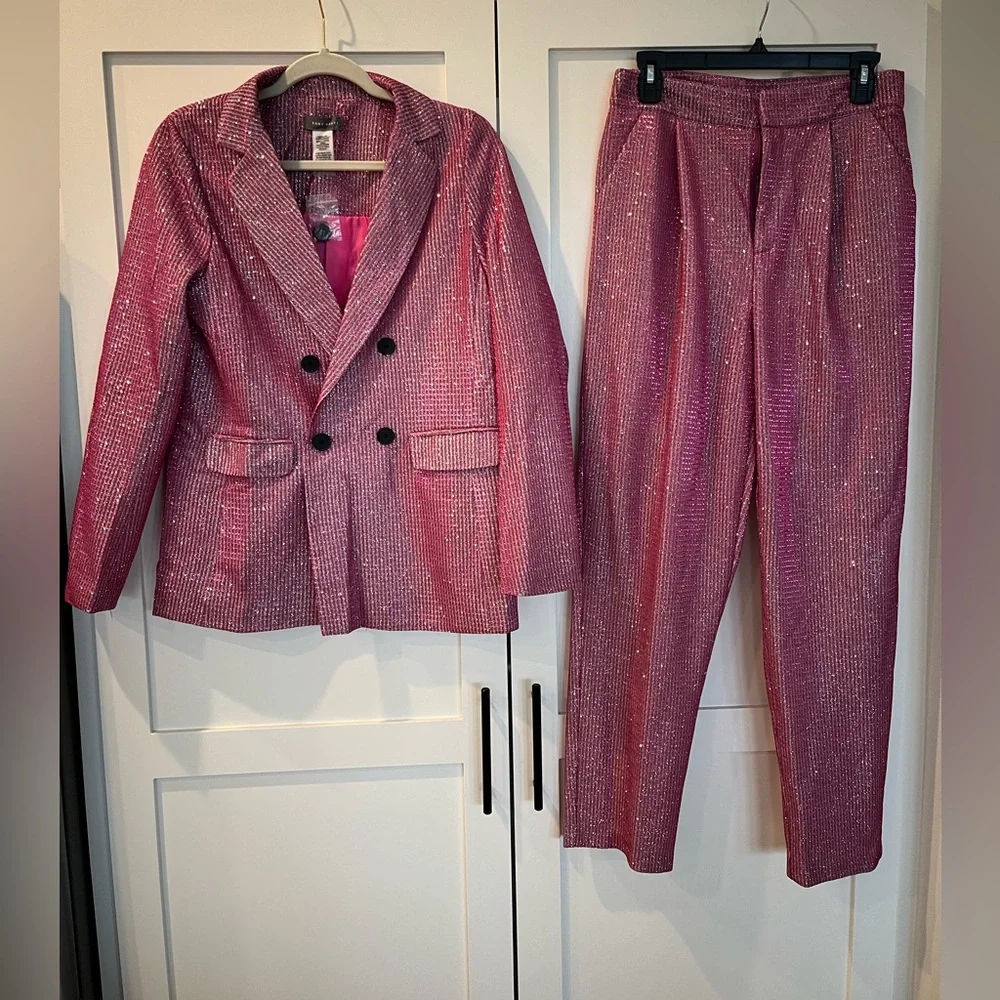 NWT Sans Souci Pink Sparkle Glitter Suit Set Blazer Pants Party NYE Medium